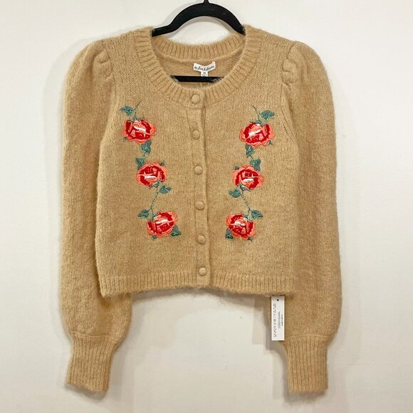 New For Love & Lemons Grans Embroidered Cropped Cardigan Beige XS $198 - Picture 2 of 8